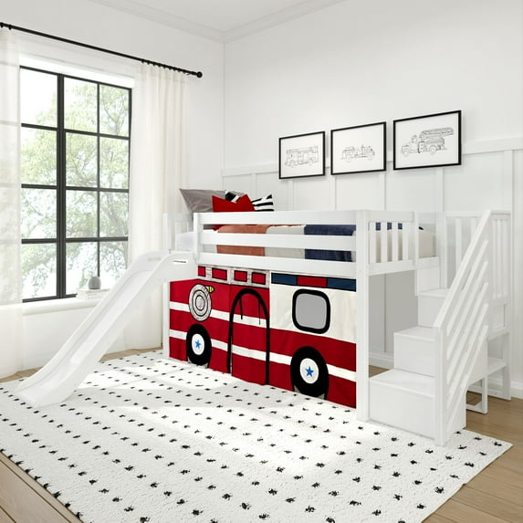 Low Loft With Stairs, Easy Slide & Firetruck Curtain, White