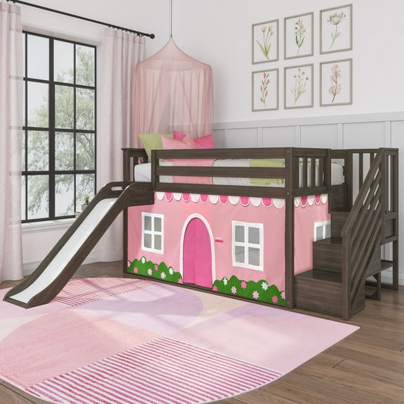 Low Loft With Stairs, Easy Slide & Light Pink & White Farmhouse Curtain, Clay