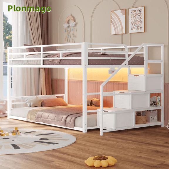 Low Loft bed Bunk Bed Twin Over Twin with Stairs, Storage Drawers & Shelves, RGB LED Lights Metal Floor Bunk with Power Outlet, Full-Length Guardrail & Metal Slats, for Small Space,White