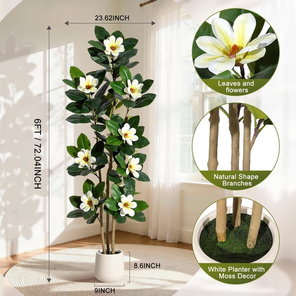 Low-Maintenance Artificial Magnolia Tree – Natural Branching Pattern with Detailed Blossoms and Glossy Leaves – Pre-Assembled for Instant Home or Office Enhancement Without Watering or Light