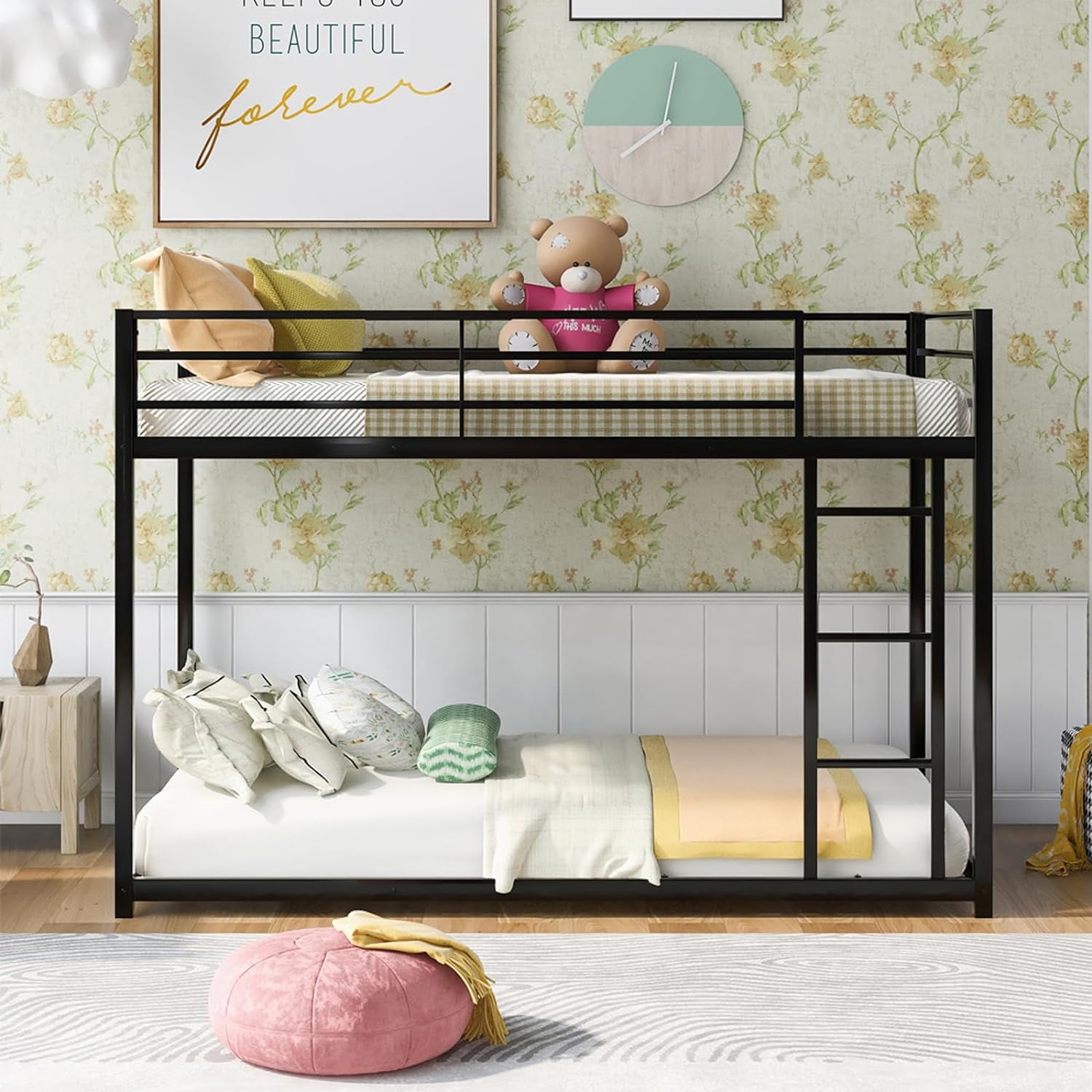 Low Metal Bunk Bed Frame for Kids, with Built-in Ladder, High Guardrail ...