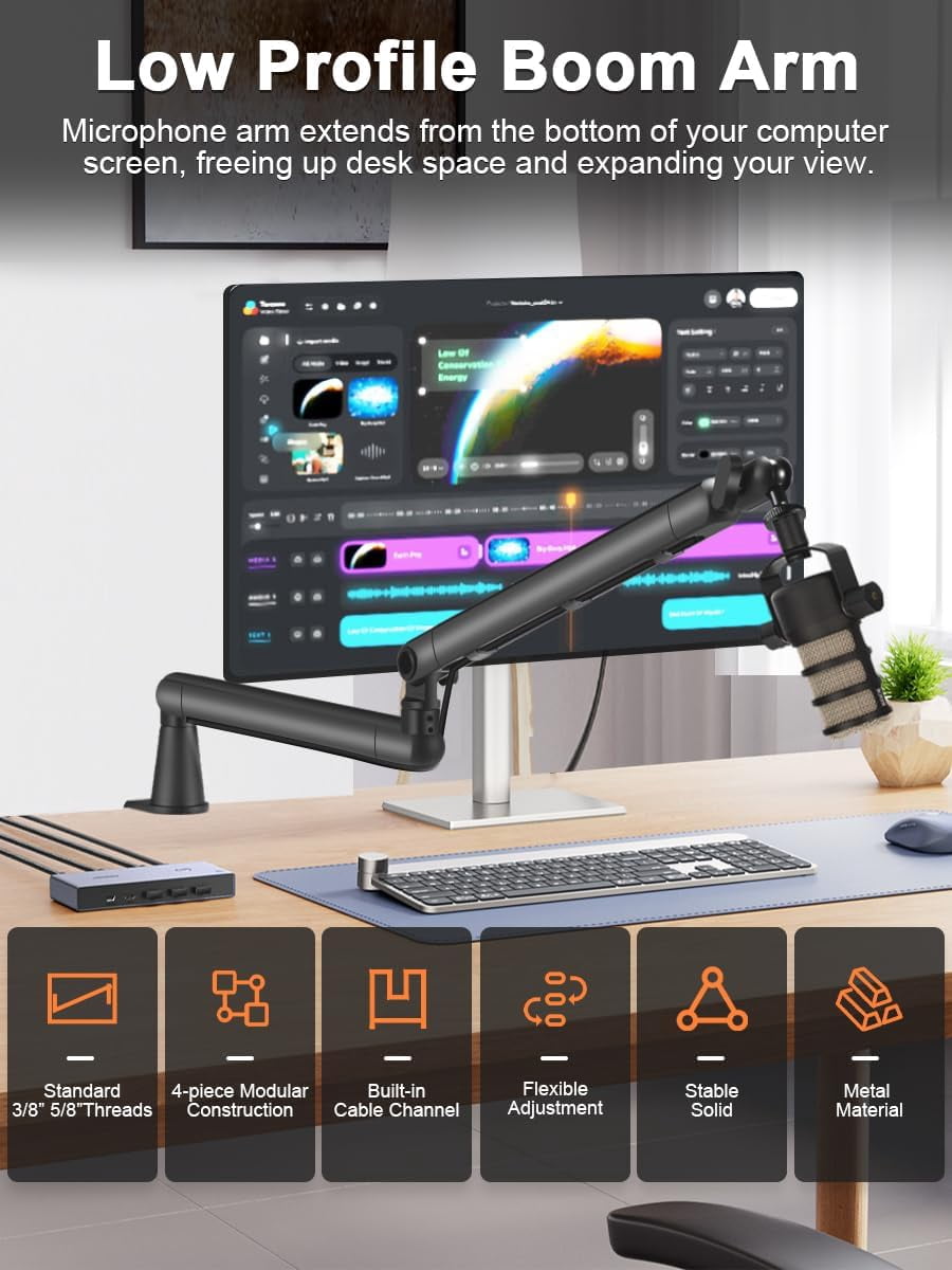 Low  Mic Arm Stand Adjustable Desk Clamp with 360 Swivel Detachable Rise Column Built-In  Management for Podcasting Streaming