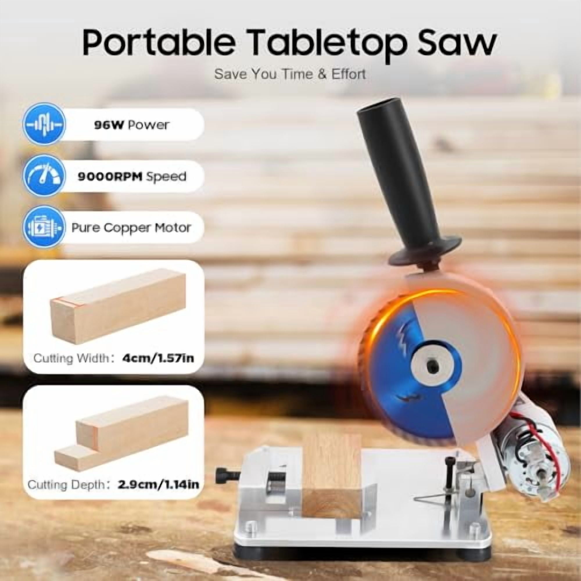 Low Noise Mini Table Saw, 0-45° Adjust-Angle Portable Tabletop Mitre Saw, 96W Manual Chop Saw for Metal Thin Stainless Steel Sheet Iron Sheet Wood Plastic Acrylic