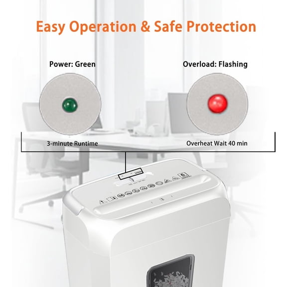 Low Noise Operation Paper Shredder, 6-Sheet Cross-Cut, Credit Card Shredder, Home Office, Handle for Document, Mail, Staple, 3.4 Gal Wastebasket, Easy-Carry Handle, White