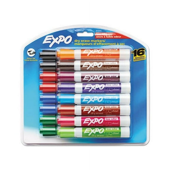 Low-Odor Dry-Erase Marker Broad Chisel Tip, Assorted Colors, 16/Set