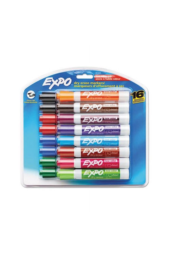 Low-Odor Dry-Erase Marker Broad Chisel Tip, Assorted Colors, 16/Set