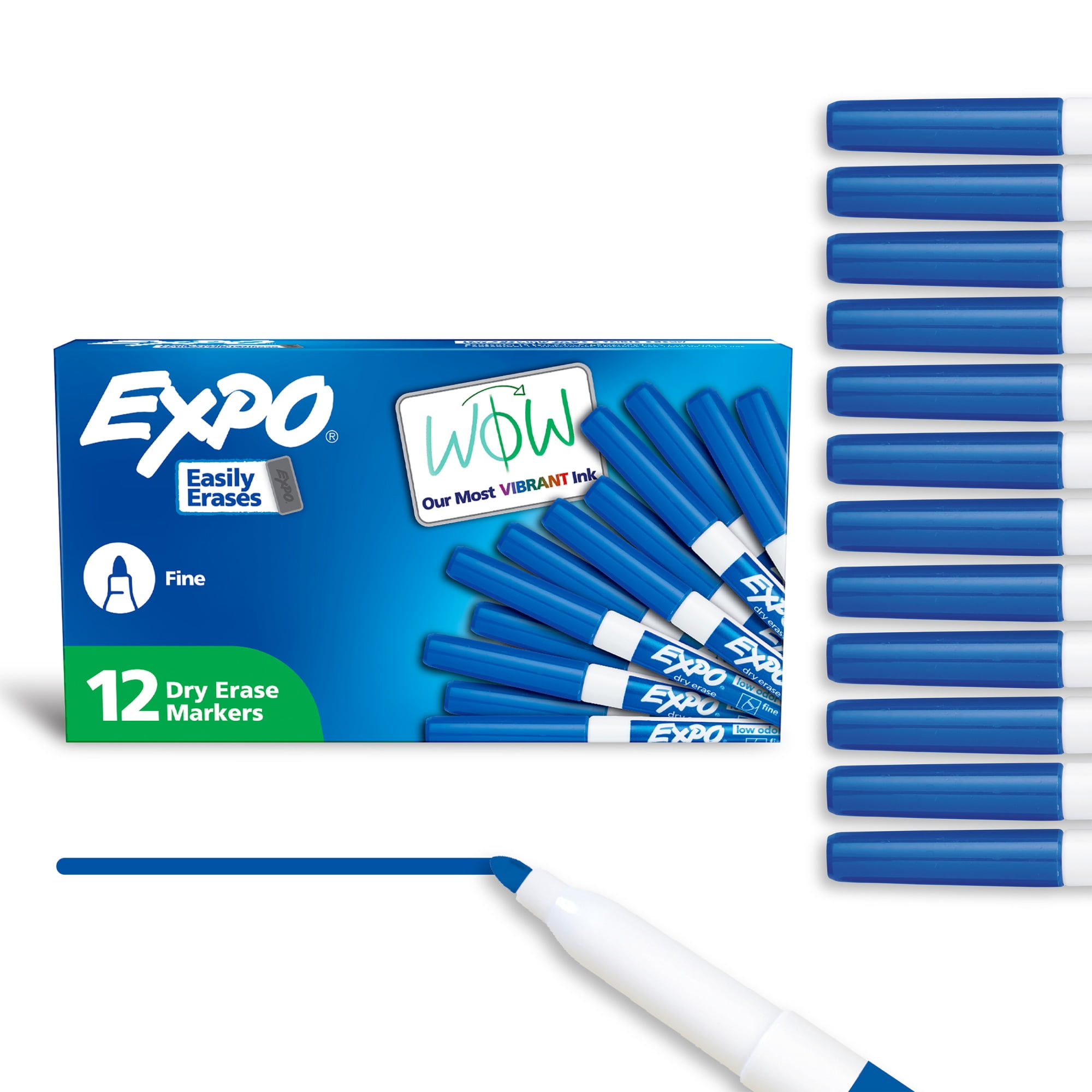 Expo, Low-Odor Dry-Erase Markers, Fine Point, Blue, Pack Of 12