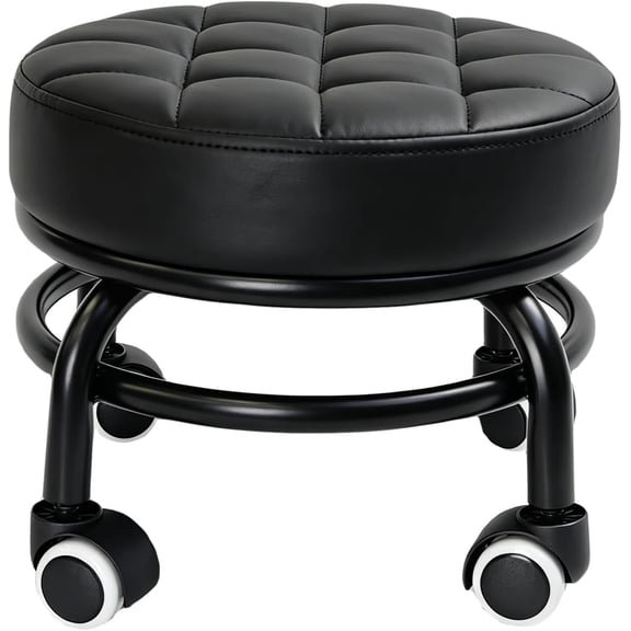Low Pedicure Stool on Wheels, Rolling Stool Black ET28501 PU Leather Seat, Thick Foam Cushion, Silent Casters, Low Height for Foot Bath, Wipe Clean, Salon & Spa Use