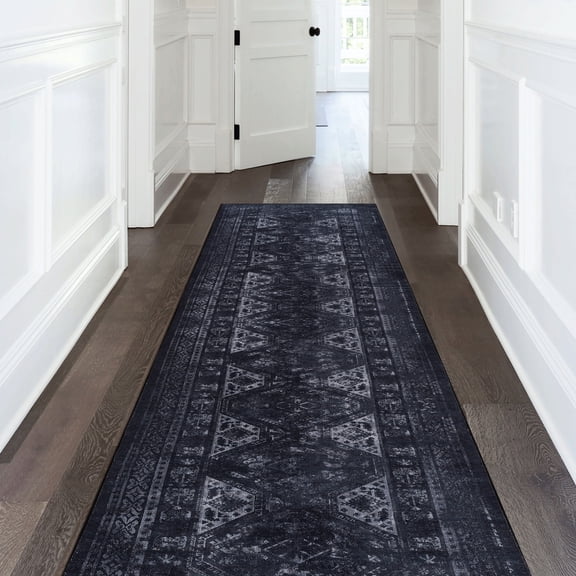 Low-Pile Form - Non-Shedding & Stain Resistant - Office - Stylish & Comfortable Runner Rug, Black/Gray