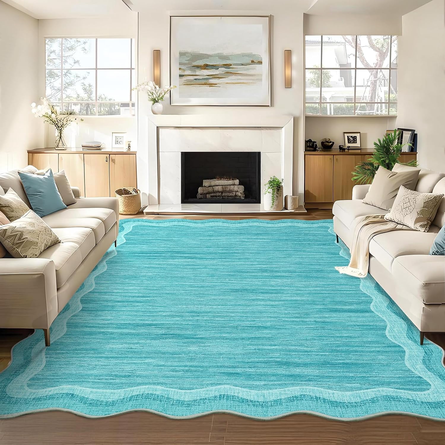 Low Pile Non Slip Area Rug Washable 5’x7’, Teal Scalloped Wavy Edge Indoor Carpet for Living Room Nursery Bedroom Office, Soft Neutral Home Decor, Teal