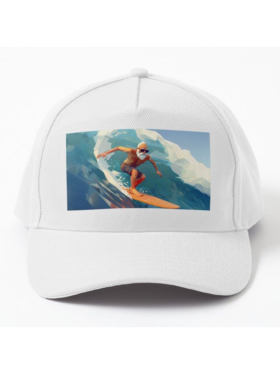 Low Poly Grandpa Surfer Baseball Hat, Huge Wave Longboard Character Graphic Design, Classic Cap