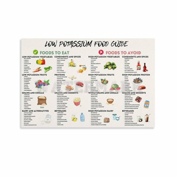 Low Potassium Diet Food Guide Poster,Low Potassium Meal Plan Chart Canvas Painting Posters And Prints Wall Art Pictures for Living Room Bedroom Decor poster