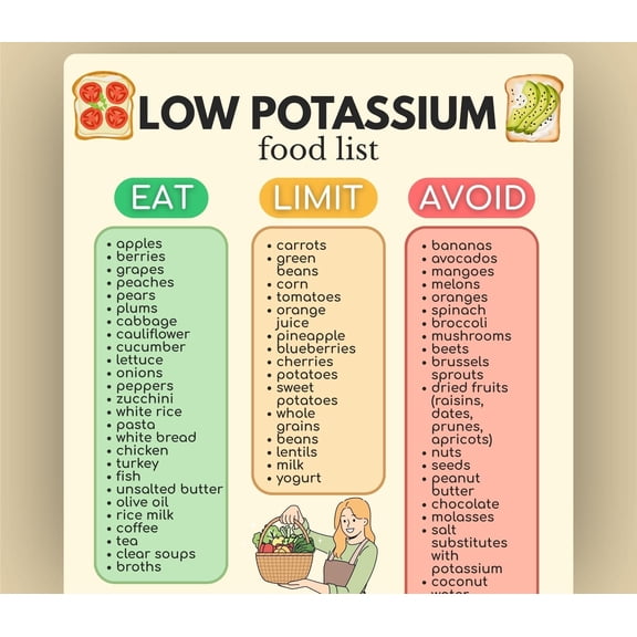 Low Potassium Food List Poster, Kidney Diet Chart Poster, Kidney Friendly Food Guide Poster, CKD And Dialysis Diet Plan Poster, Dietary Restriction Avoidance Chart Poster