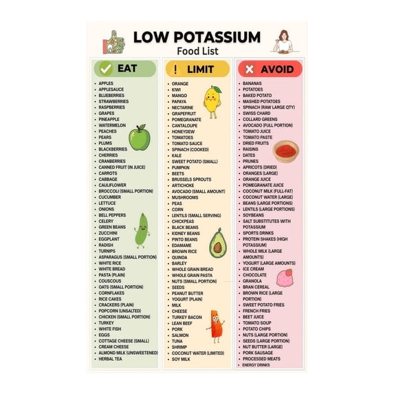 Low Potassium Food List Poster Kidney Diet Grocery List Dietary ...