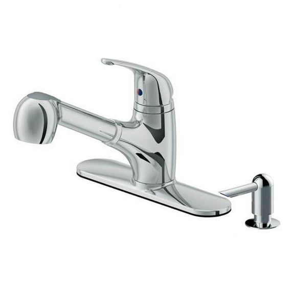 Low Profile 1-Handle Pull-Out Kitchen Faucet with Soap Dispenser in Polished Chrome