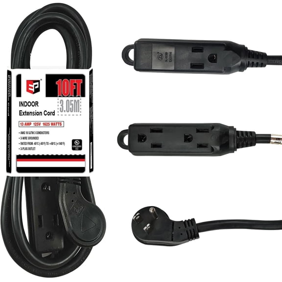 Low Profile 10 Ft Flat Plug Extension Cord - 16 AWG 3 Prong Grounded Cable with 3 Outlets, Perfect for Indoor Use, Black, UL Listed