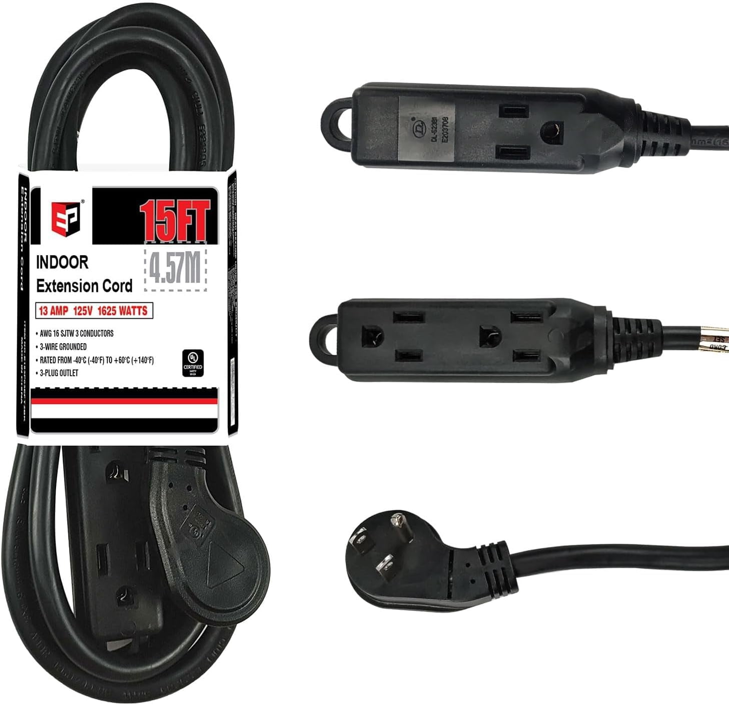 Low Profile 15 Ft Flat Plug Extension Cord - 16 AWG 3 Prong Grounded Cable with 3 Outlets, Perfect for Indoor Use, Black, UL Listed
