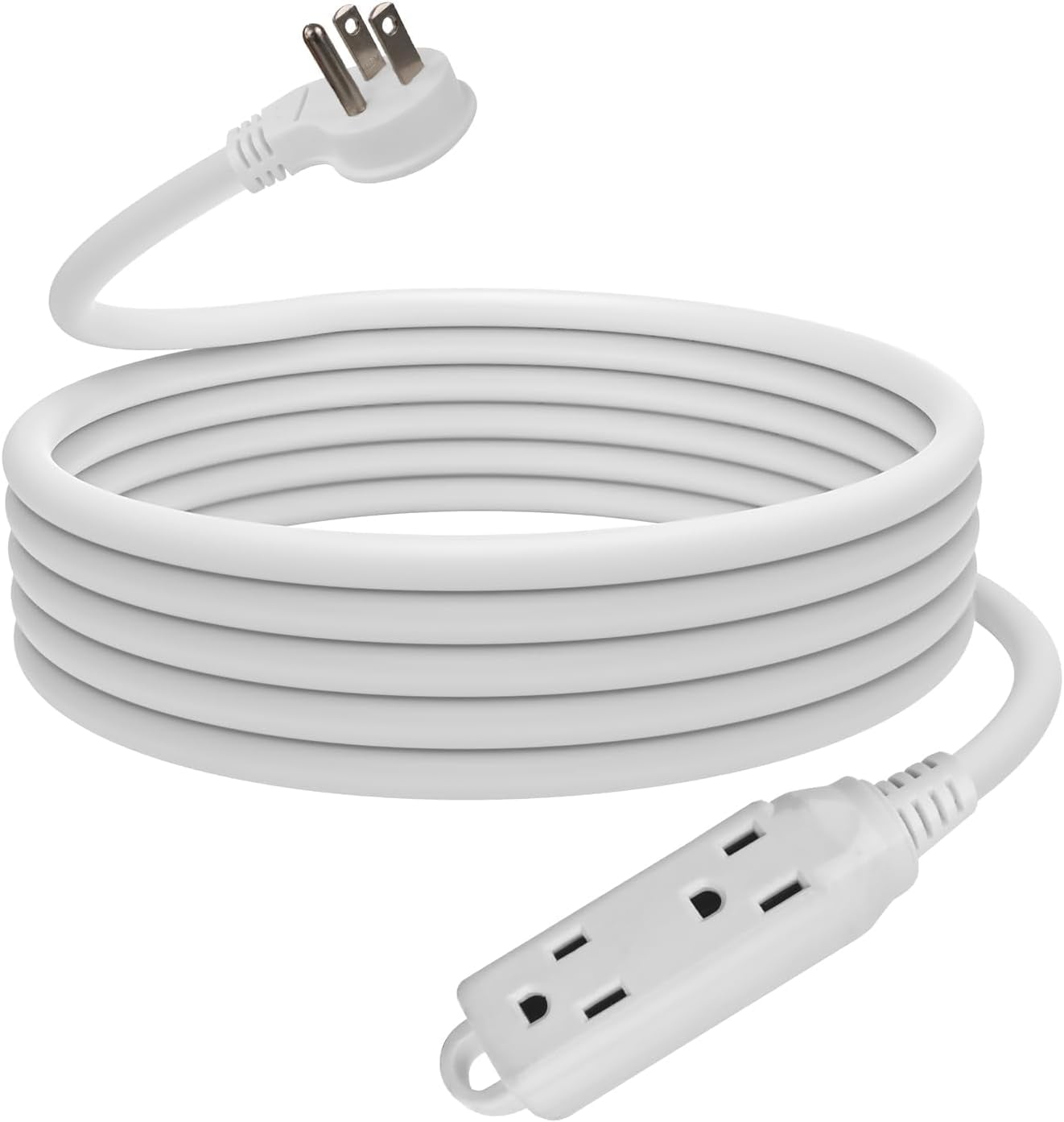 Low Profile 15 Ft Flat Plug Extension Cord - 16 AWG 3 Prong Grounded Cable with 3 Outlets, Perfect for Indoor Use, White, UL Listed