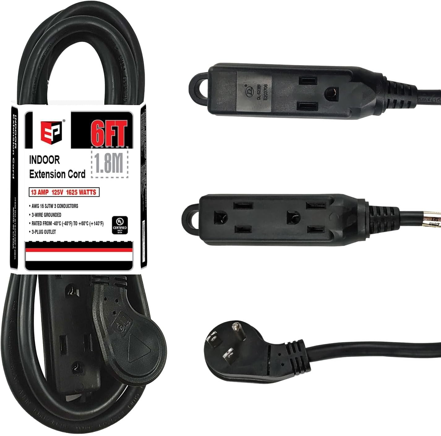 Low Profile 6 Ft Flat Plug Extension Cord - 16 AWG 3 Prong Grounded Cable with 3 Outlets, Perfect for Indoor Use, Black, UL Listed