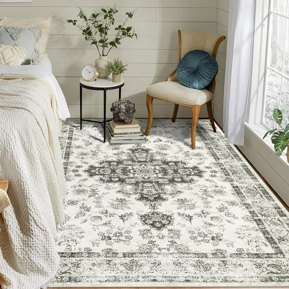 Low Profile Area Rug with Anti-Slip Rubber Backing, Washable Carpet for Living Room, Bedroom, Kitchen, Office