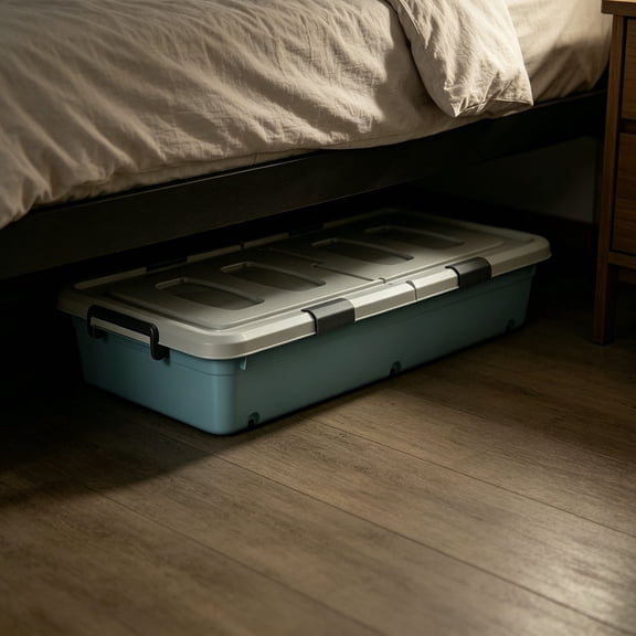 Low Profile Under Bed Rolling Storage Box, Plastic Container with Lid, Secure Side Clips & Built-In Wheels, Stackable Organizer For Linens, Blankets & Sundries