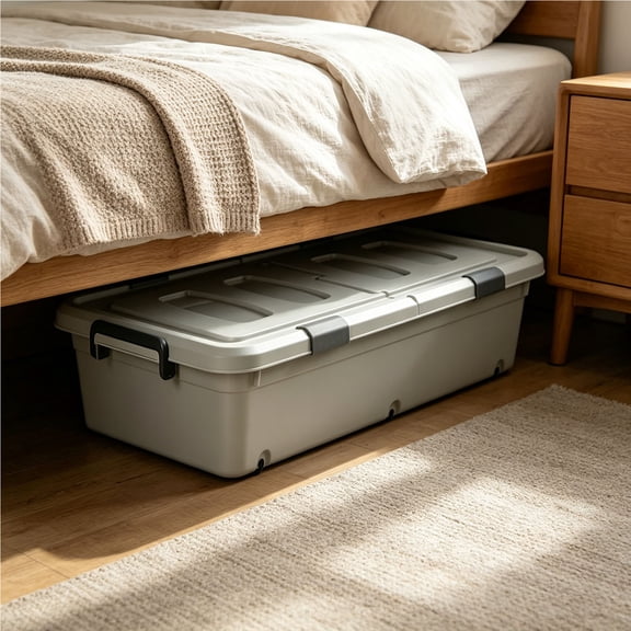 Low Profile Under Bed Rolling Storage Box, Plastic Container with Lid, Secure Side Clips & Built-In Wheels, Stackable Organizer For Linens, Blankets & Sundries