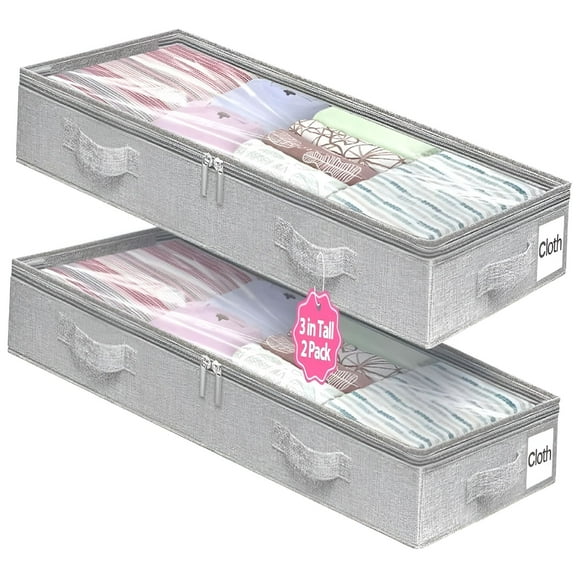 Low Profile Under Bed Storage,3 Inches High Underbed Storage Containers Bins,NO STRUCTURE,Foldable Clothes Storage and Organizer with Lid & Zipper,Shallow Storage for Low Bed Couch