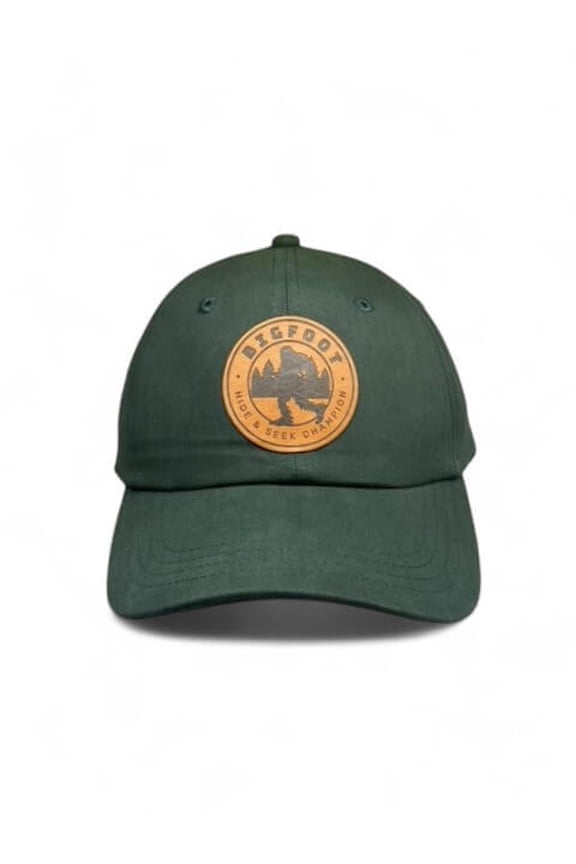 Low Profile Bigfoot Sasquatch Leather Patch Cap - Adjustable Dad Hat for Pacific Northwest Enthusiasts