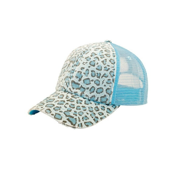 Low Profile Canvas Leopard Print Mesh Trucker Cap, Blue