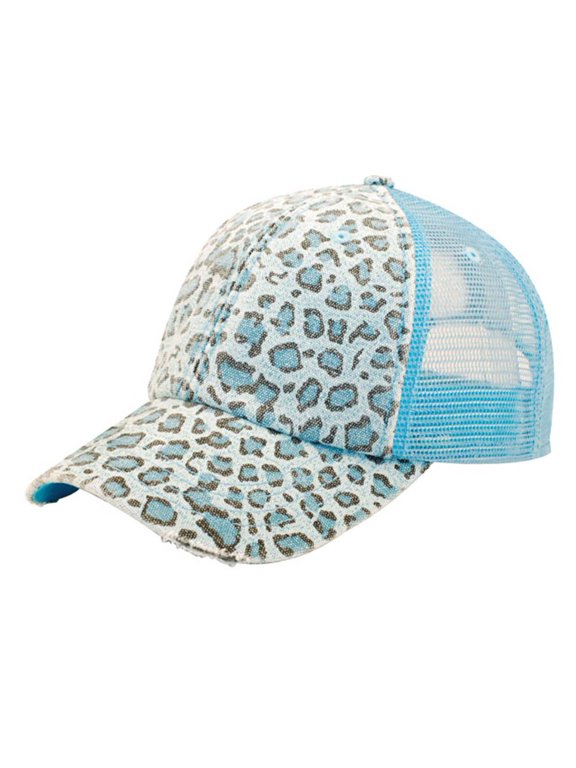 Low Profile Canvas Leopard Print Mesh Trucker Cap, Blue