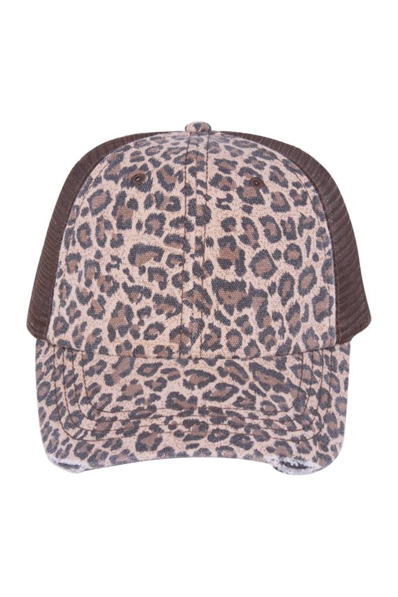 Low Profile Canvas Leopard Print Mesh Trucker Cap , Brown
