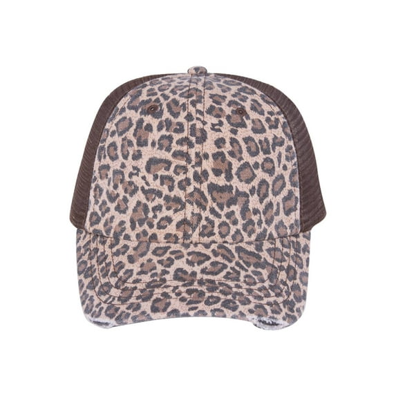 Low Profile Canvas Leopard Print Mesh Trucker Cap , Brown