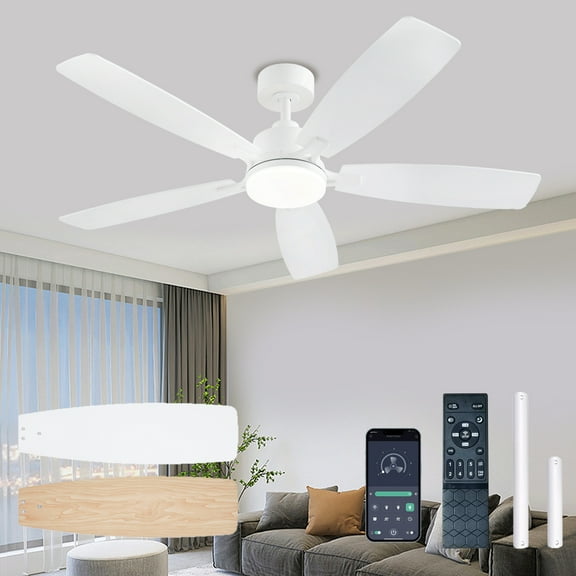 Low Profile Ceiling Fan with Lights, 52 inch Modern White Ceiling Fans with Lights APP/Remote Control,6 Speeds Ceiling Fan Light for Indoor/Outdoor Patio Bedroom Living Room