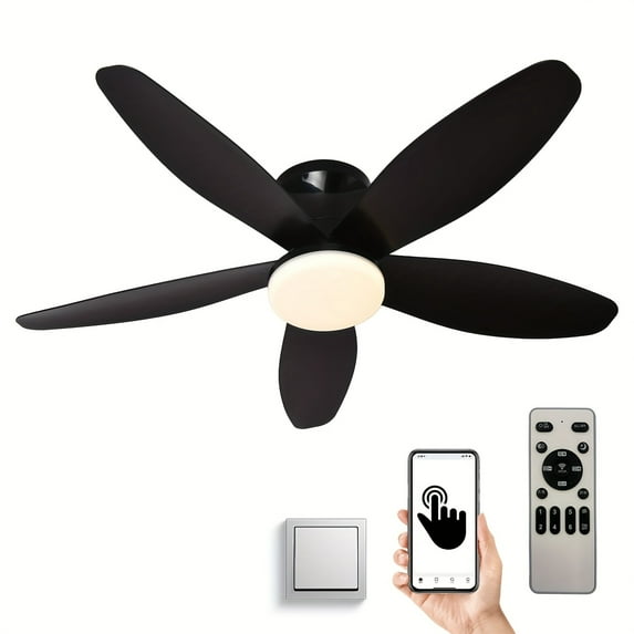 Low Profile Ceiling Fan With Light, 36" Flush Mount, LED Dimmable, DC Reversible, Remote/APP Control, For Bedroom Indoor/Outdoor Patio, Black