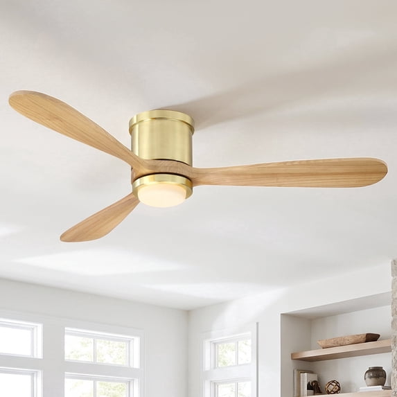 Parrot Uncle 52" Gold Solid Wood Low Profile Ceiling Fan with Lights, Modern Flush Mount Ceiling Fan with Glass Shade