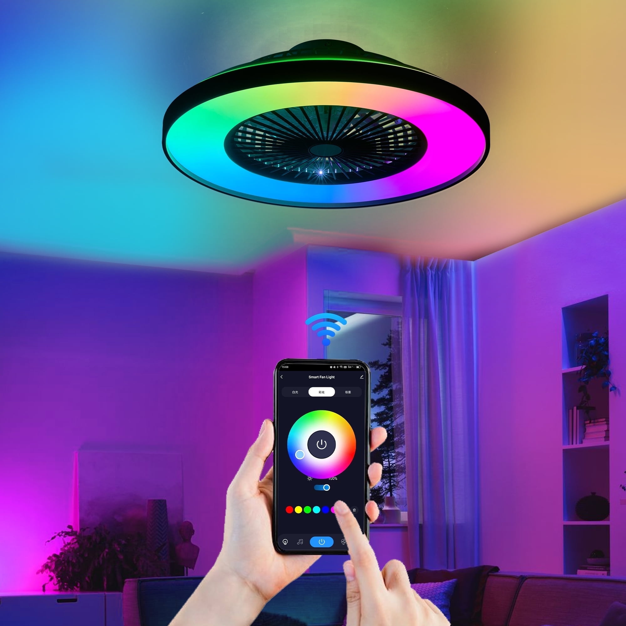 Low Profile Ceiling Fan with RGB Lights 23 Inch Enclosed Bladeless Fan for Bedroom Living Room