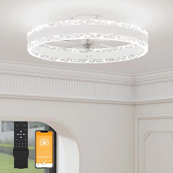Low Profile Ceiling Fans with Light and Remote, 19.7in Fandelier Ceiling Fan with Light, 3000K-6500K Dimmable Flush Mount LED Ceiling Fan Light, White Modern Ceiling Fan Light for Bedroom