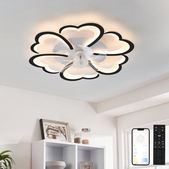 Low Profile Ceiling Fans with Lights, 27 Inch Modern Ceiling Fans with Lights, Dimmable LED Ceiling Light Fixture, Flower Flush Mount Ceiling Fans with Remote for Bedroom, Kitchen, Indoor-Black