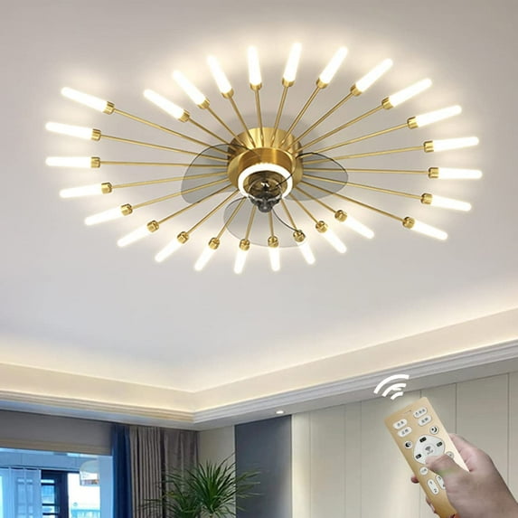 Low Profile Ceiling Fans with Lights, 40" Gold Ceiling Fan with Light and Remote Control , LED Modern Ceiling Fan with 26 Lamp for Bedroom,Tri-Color Light 6-Speed Wind- Gold