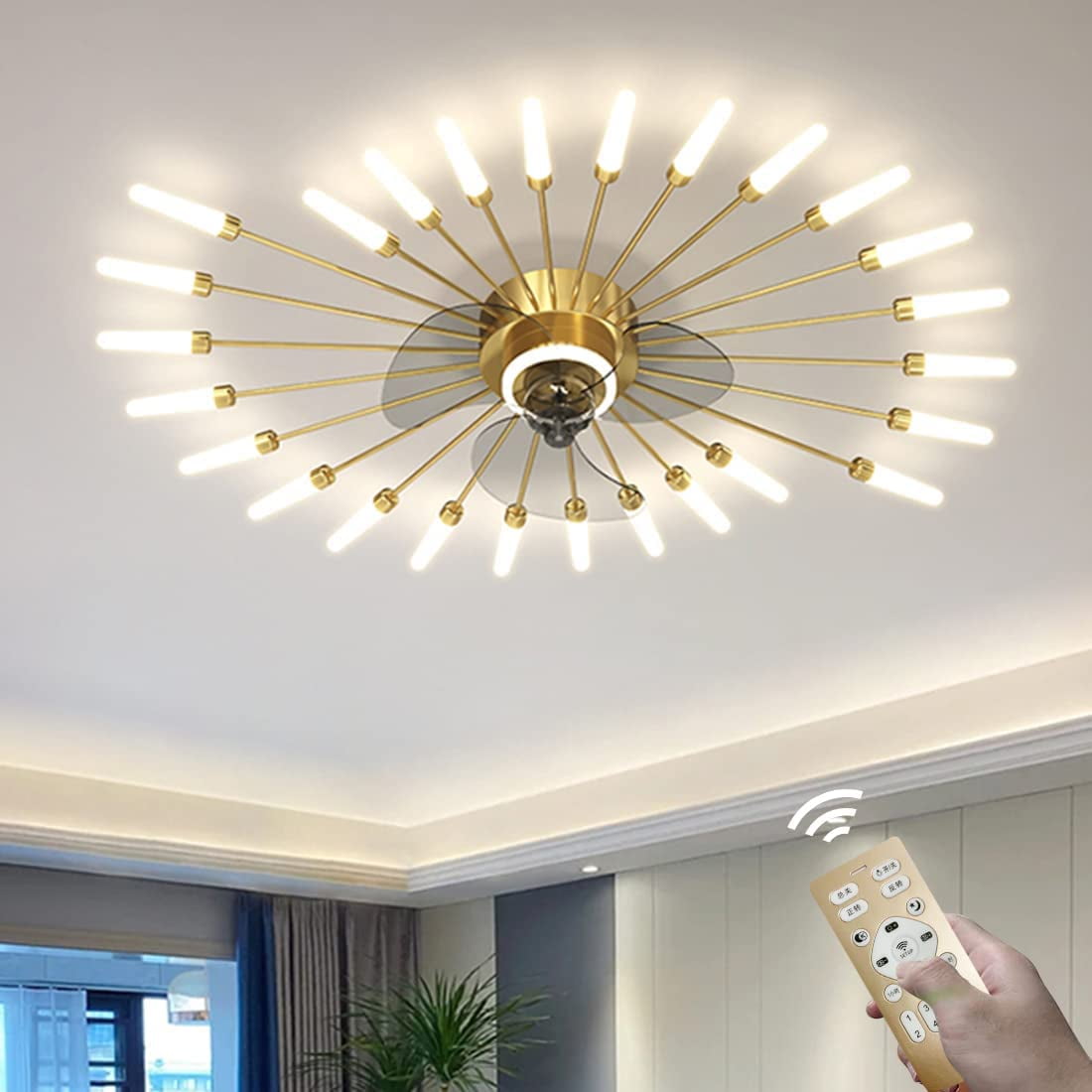 Low Profile Ceiling Fans with Lights, 40"  Gold Ceiling Fan with Light and Remote Control , LED Modern Ceiling Fan with 26 Lamp for Bedroom,Tri-Color Light 6-Speed Wind- Gold