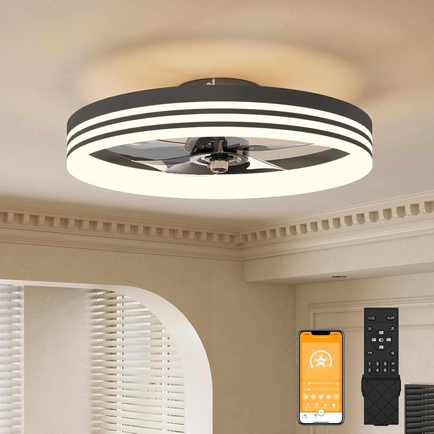 GQR Low Profile Flush Mount Ceiling Fan With Light - 15.7", Dimmable LED, 3 Color Temp, 6 Speeds, Remote & App Control 1 thumbnail image
