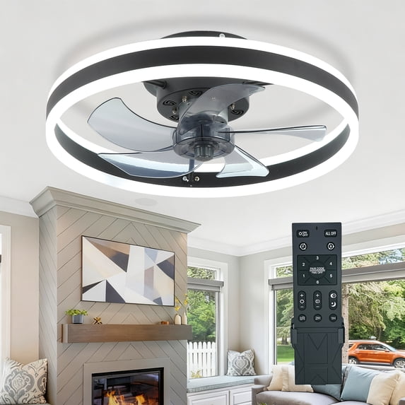 Low Profile Ceiling Fans with Lights and Remote, 20 in Flush Mount Ceiling Fans with Light, 3000K-6000K Dimmable Fandelier LED Fan Light and Reversible Moter, for Bedroom Living Room, Black