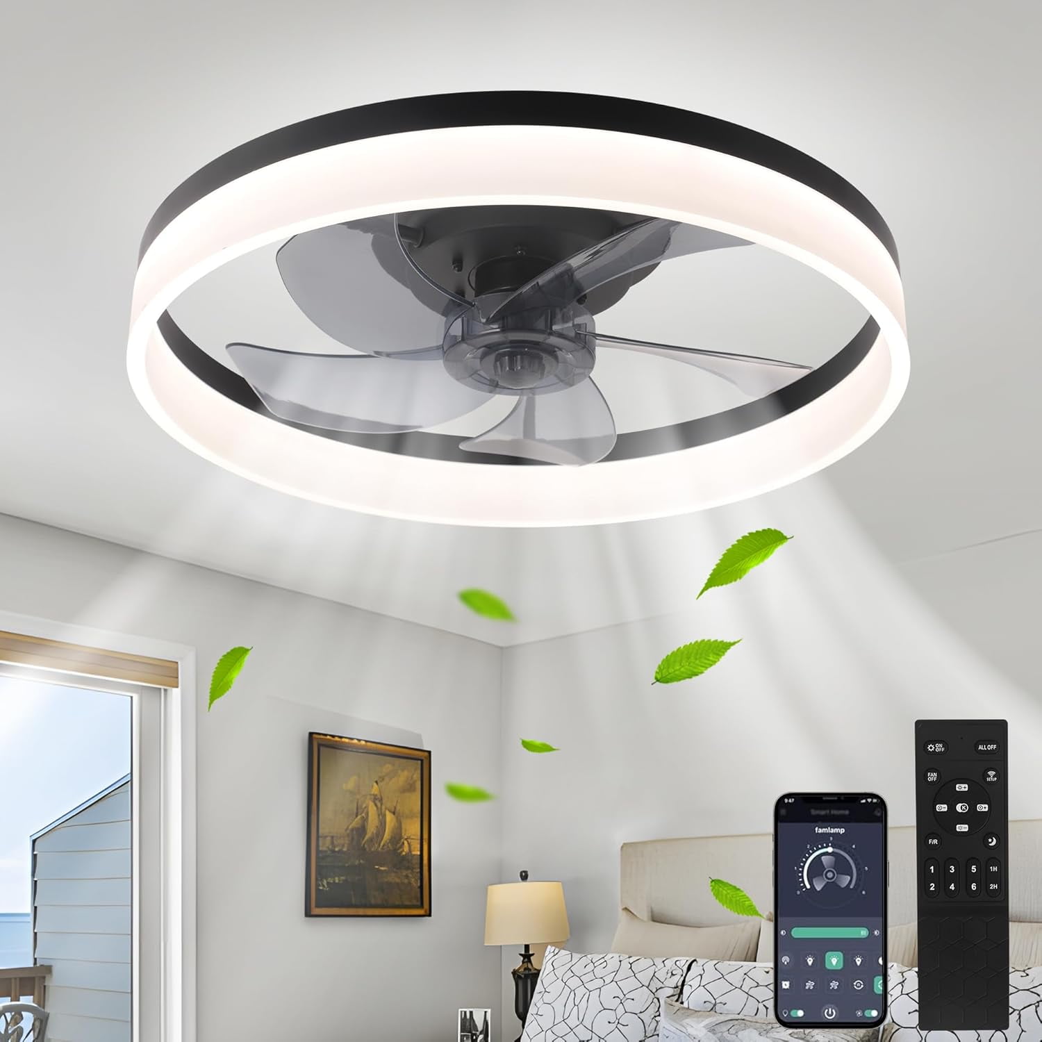 Black Low Profile 20" Ceiling Fan with Light and Remote