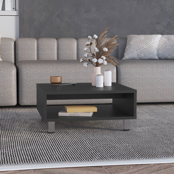 Low Profile Coffee Table with Shelf, 10.6" H Square Black End Table, Compact Storage for Small Living Room, Durable Engineered Wood, Easy Assembly