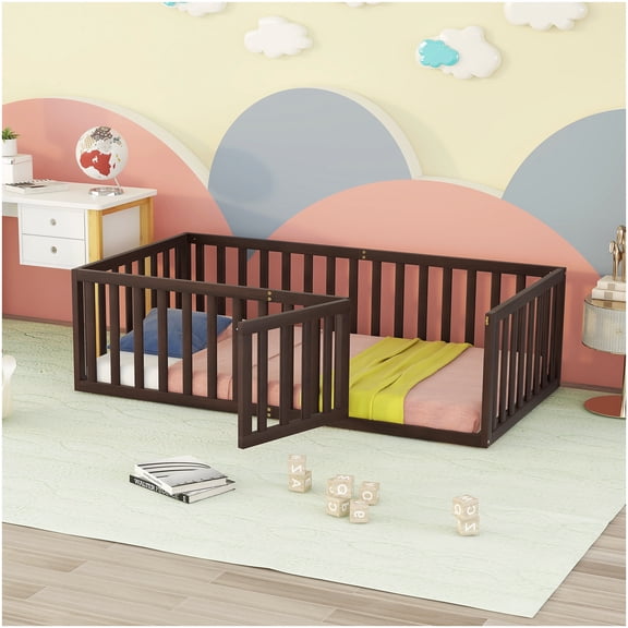 Low Profile Floor Bed Frame with Gate, Twin Size Solid Wood Platform Bed, Walnut Finish, No Slats Required