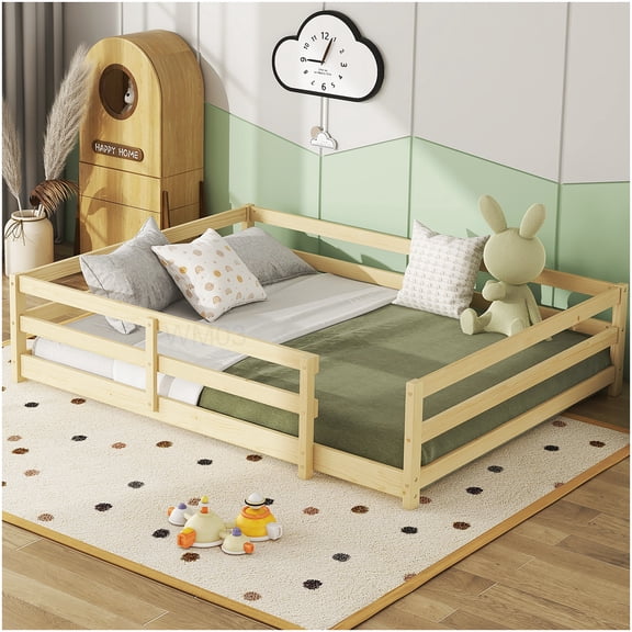 Low Profile Floor Bed Frame with Safety Rails, Full Size Solid Wood Platform, Easy Assembly, Natural Oak