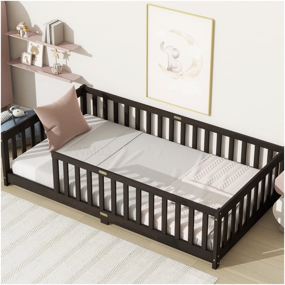 Low Profile Floor Bed Frame with Safety Rails, Twin Size Platform Bed, Espresso Wood Finish, No Box Spring