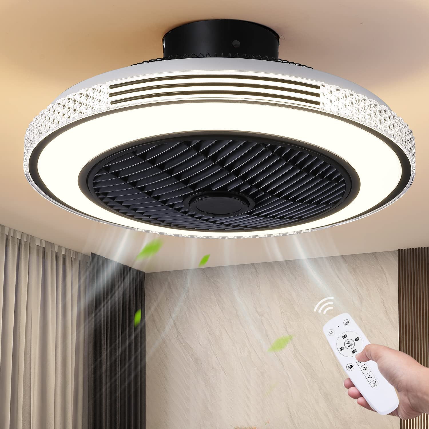 Modern Flush Mount Ceiling Fan With Light - 20" Bladeless Fandelier, Remote, Dimmable LED, DC Motor For Bedroom