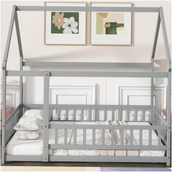 Low Profile Full Size Platform Bed Frame with House Design & Safety Rails, Grey
