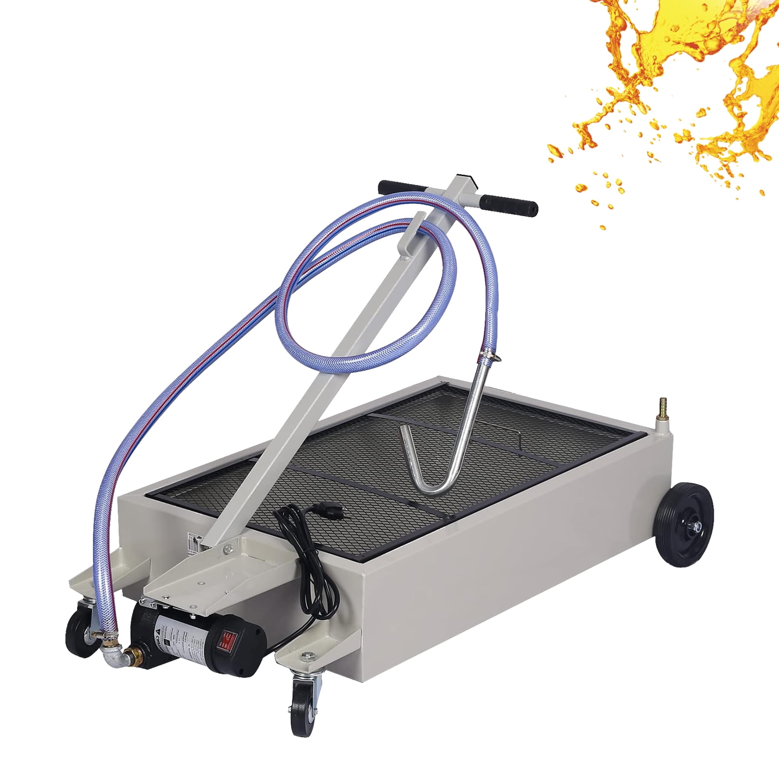 Low Profile Oil Drain Pan, Oil Drain Pan - Folding Handle, Heavy-Duty Mobile Oil Drain Tank with Locking Wheels & Filter Screen (High-Flow Pump, Grey, 20 Gallon)